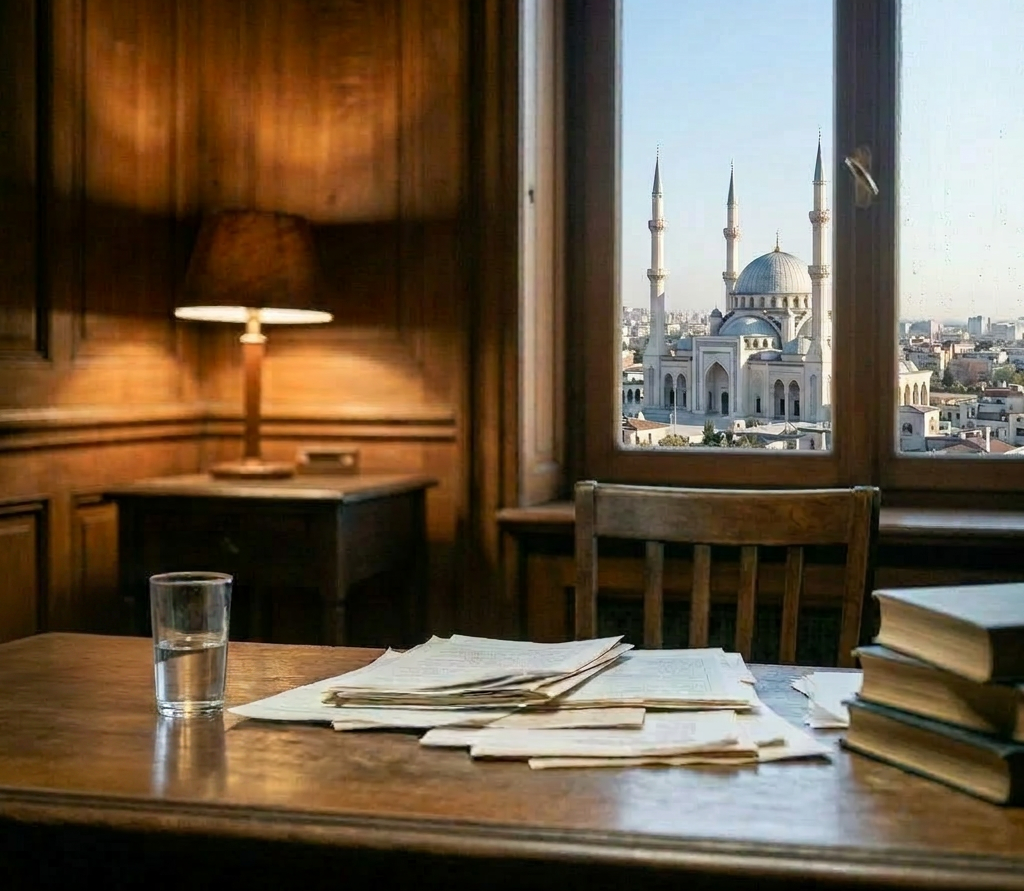 Man in wool sweater and jacket reading documents at desk with glass of water and books