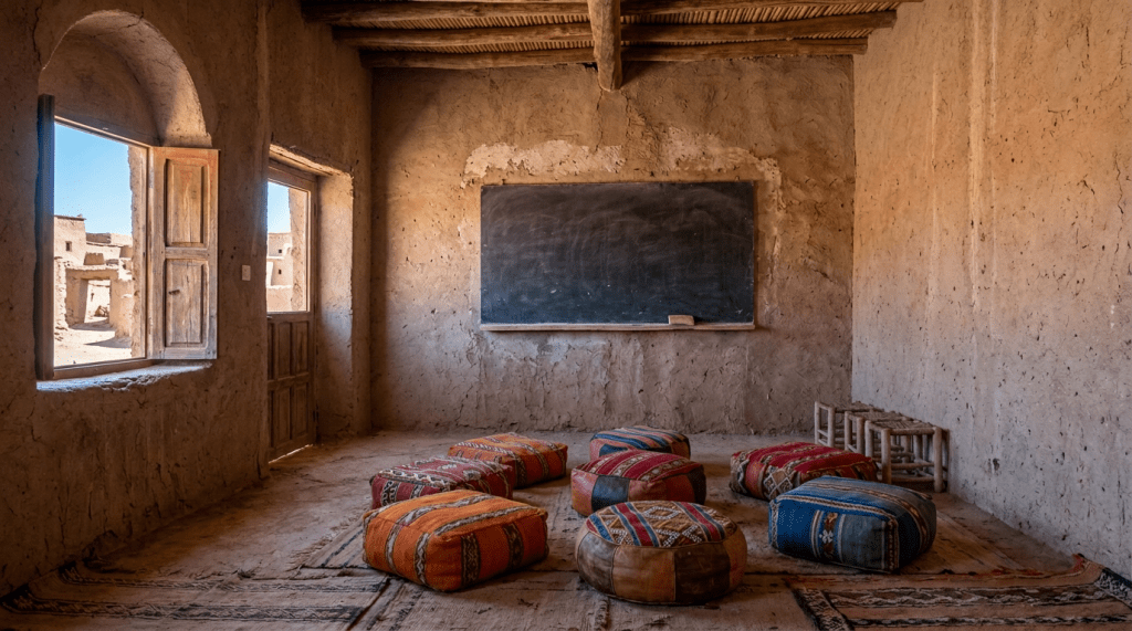 Classroom with round colorful cushions on floor and a blackboard on mud walls